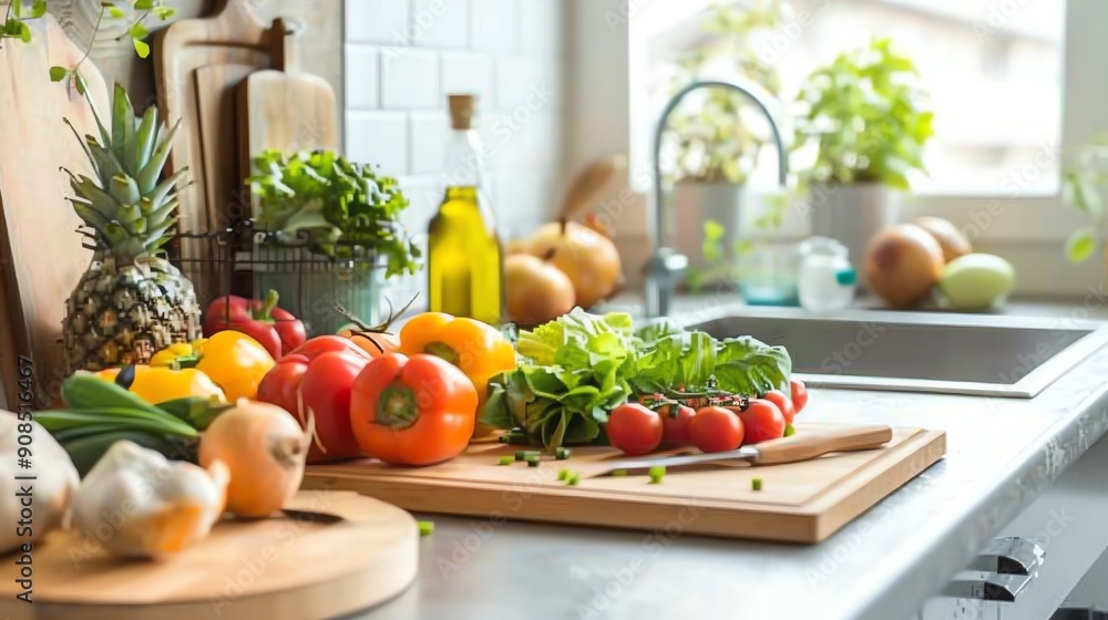 Canvas Prints A kitchen counter with fresh produce.