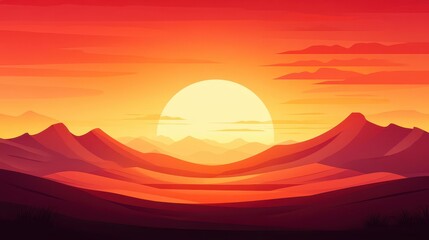 Fototapeta premium Experience the vibrant hues of a desert sunset, where fiery reds and oranges blend in a modern, textured flat illustration.