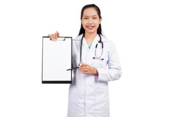 Female doctor holding clipboard isolated transparent