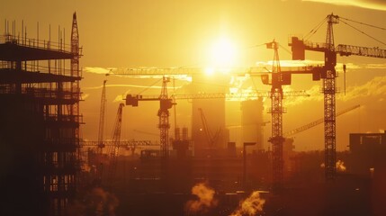 Fototapeta premium Tower cranes at a construction site during the evening sunset. 