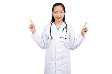 Female doctor pointing isolated transparent