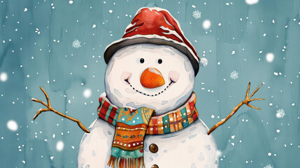 A charming watercolor scene captures a joyful snowman with a playful nod to winters enchantment and festive spirit.