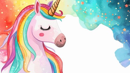 Naklejka premium Adorable watercolor unicorn invitation card perfect for nursery themes. Bright colors and playful design capture every childs heart