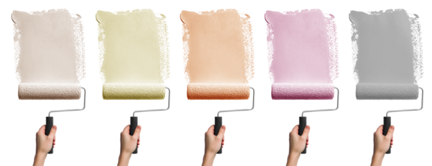 Set of hand painting holding roller brush with streak smear paint pastel colours of beige cream yellow orange pink grey on transparent cutout PNG file. Mockup template for artwork design