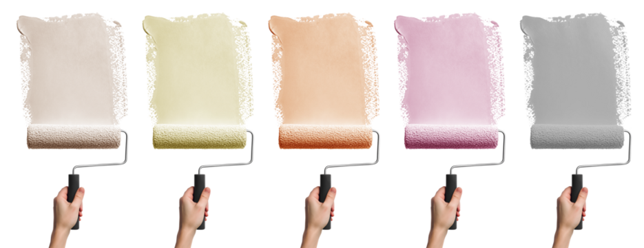 Set of hand painting holding roller brush with streak smear paint pastel colours of beige cream yellow orange pink grey on transparent cutout PNG file. Mockup template for artwork design - Powered by Adobe
