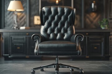 Luxurious Black Leather Office Chair in Elegant Executive Workspace Interior Setting