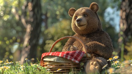 A 3D cartoon bear sitting next to a picnic basket in a sunny forest.