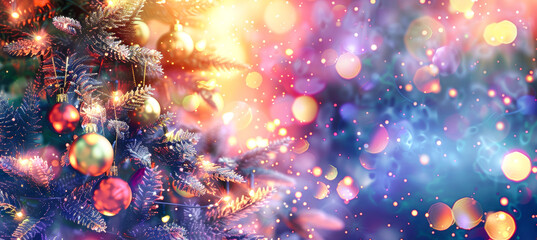 A close-up of a decorated Christmas tree with twinkling lights and colorful ornaments against a blurred background of bokeh lights