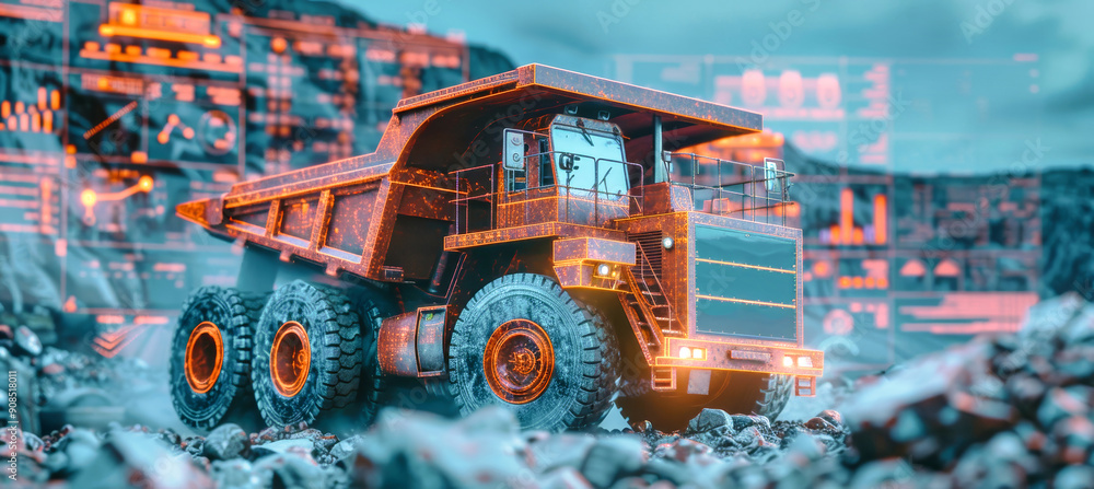 Poster a futuristic, hyperrealistic digital twin of a dump truck working in a quarry, with data visualizati