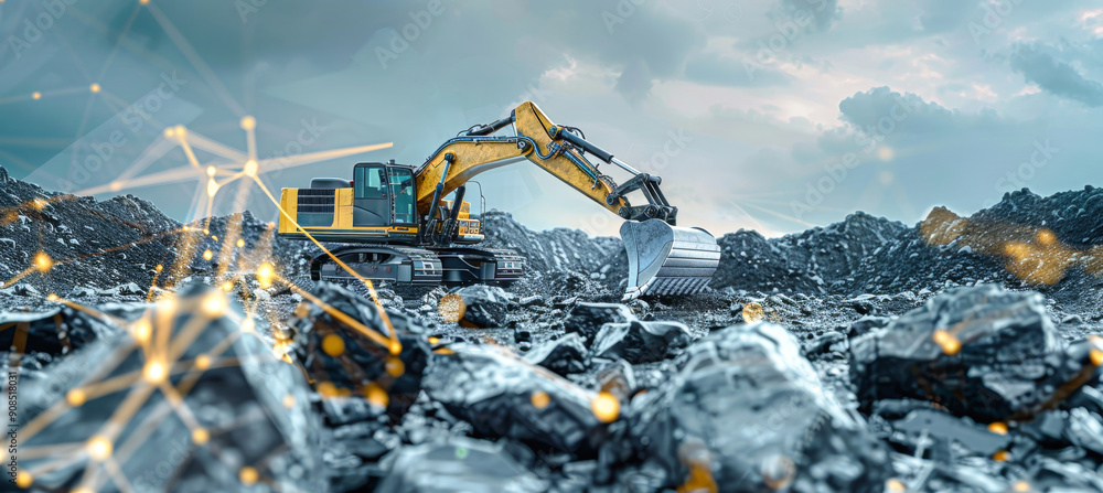 Poster an excavator operates on a rocky terrain while a digital twin visualization overlays the scene with 