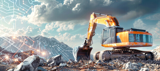 An excavator works on a rocky mountainside, its progress visualized by a futuristic data overlay