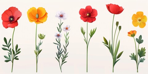 Fototapeta premium Collection of 2D and 3D Vector Flat Abstract Minimalistic Art of Flowers and Meadow Isolated on a White Background