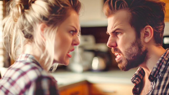 A couple is loudly arguing in their home kitchen, expressing frustration and anger towards each other amidst a tense atmosphere