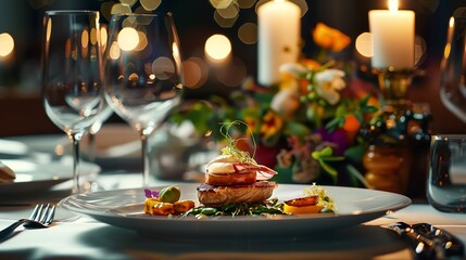 A plated meal of salmon and vegetables with a white sauce, on a table set with wine glasses, candles and flowers.