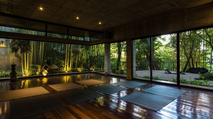 Fototapeta premium Tranquil Evening Yoga Room Overlooking Illuminated Bamboo Garden