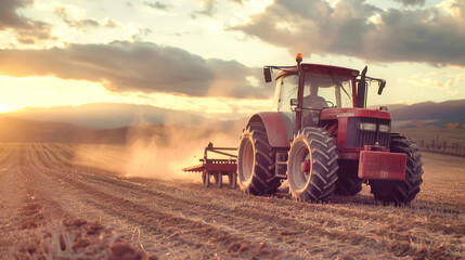 A red tractor skillfully plows the field at sunset, creating dust clouds that dance in the golden light against a picturesque sky