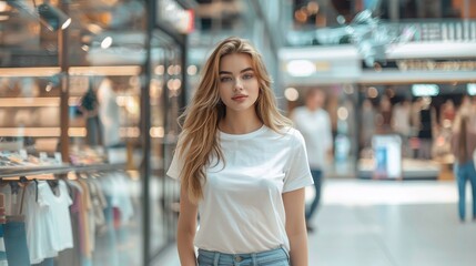 Fashionable Caucasian Woman Modeling a White T-Shirt in Front of a Department Store Glass Showcase