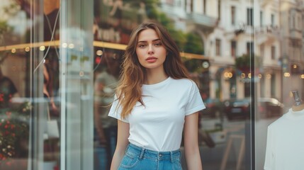 Fashionable Caucasian Woman Modeling a White T-Shirt in Front of a Department Store Glass Showcase