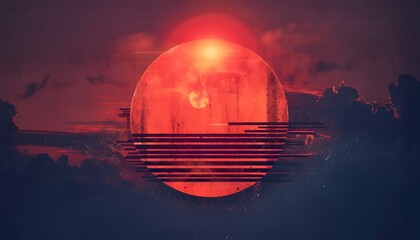 Minimalist dystopian company logo of a circle with several lines in the centre, sunset background