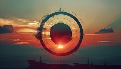 Minimalist dystopian company logo of a circle with several lines in the centre, sunset background