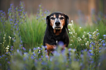 old dachshund dog posing on a summer meadow with blooming flowers and grass