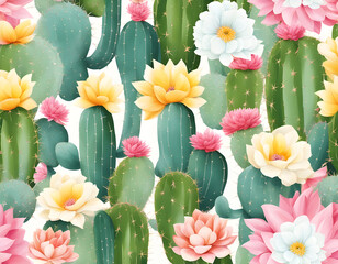 Beautiful pastel vintage cactus, succulents, cacti with pink, white and yellow flowers seamless pattern background