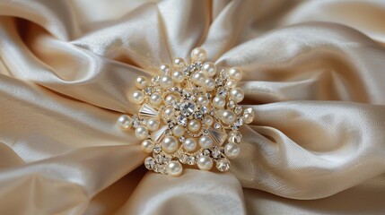 A large pearl and rhinestone brooch on a piece of beige silk fabric.