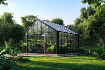 Fototapeta premium Greenhouse in the garden surrounded by green lawn