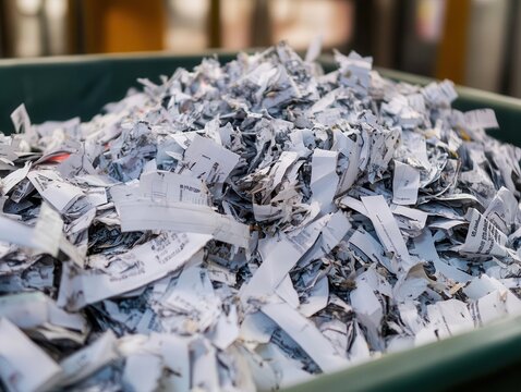 Heap of shredded paper inside a container, representing document destruction and paper recycling practices in office environment.