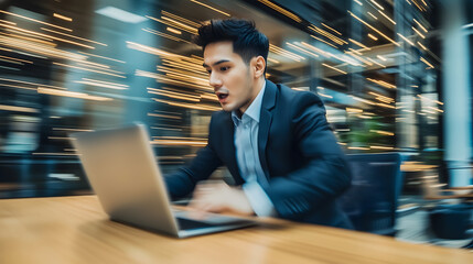 Blurred motion image of a focused businessman working quickly on a laptop in a modern office, symbolizing productivity and speed.