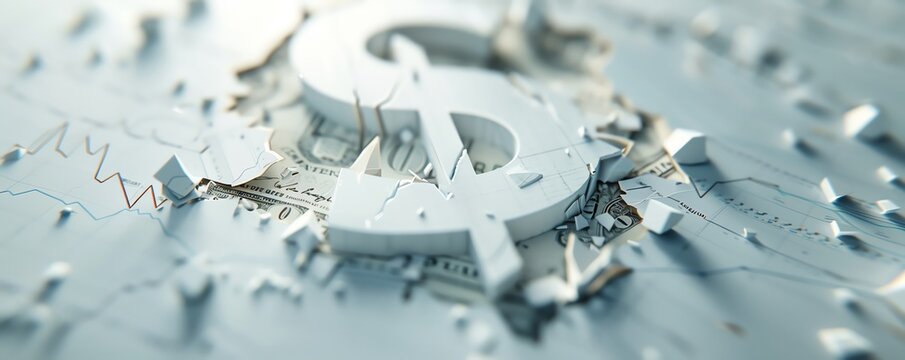 A crumbling dollar sign amidst falling stock charts, representing the devaluation of economic systems