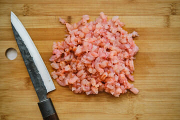 Overhead view of roughly chopped shrimps