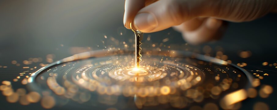 An individual holding a glowing key unlocking a digital financial vault, symbolizing the unveiling of advanced financial insights