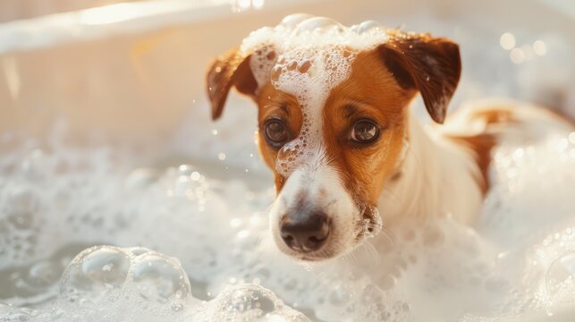 Dog enjoying a bath with soap bubbles, capturing a moment of cleanliness and fun. This adorable image is perfect for themes related to pets, grooming, and care 