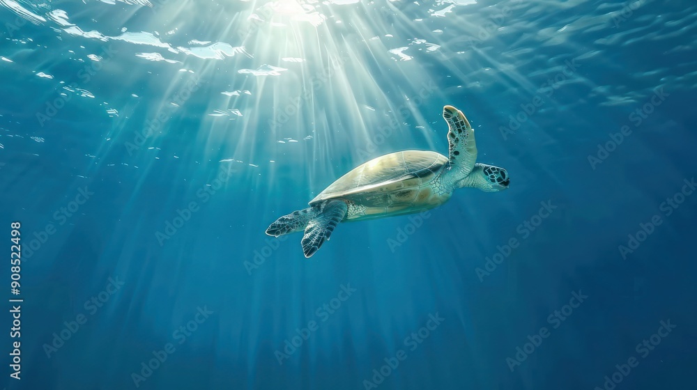 Poster underwater view of a sea turtle swimming in clear blue water. sunlight filters through the water, il
