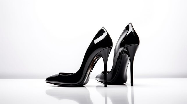 Elegant black high heels on white background, fashion and style concept, minimalist display with copy space
