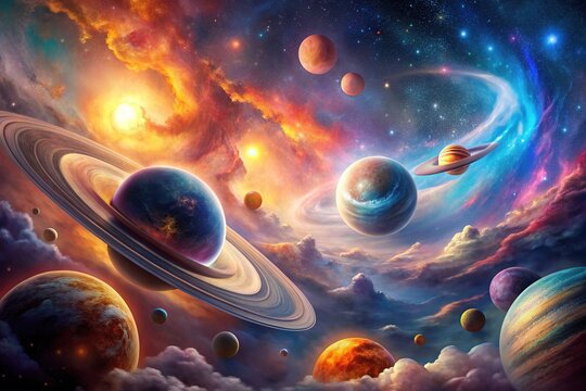Celestial bodies with swirling clouds, shimmering rings, and vibrant hues, showcasing diverse, stunning, and imaginative planetary formations in a fantastical galaxy.