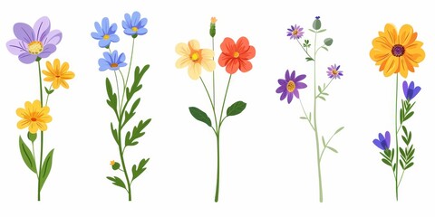 Collection of 2D and 3D Vector Flat Abstract Minimalistic Art of Flowers and Meadow Isolated on a White Background