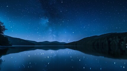 A tranquil lake scene at night with a starry sky.