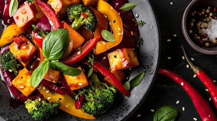 Vibrant stir-fried vegetables with tofu garnished with fresh basil on a dark plate, perfect for health-conscious cuisine lovers.