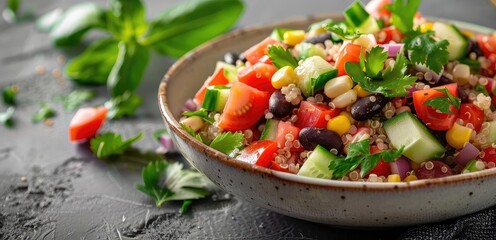 A vibrant salad bowl filled with fresh vegetables, herbs, and a variety of colors, perfect for healthy meals and summer gatherings.