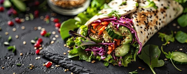 Fresh vegetable wrap filled with colorful greens and vibrant ingredients, perfect for healthy meal ideas and vegan recipes.