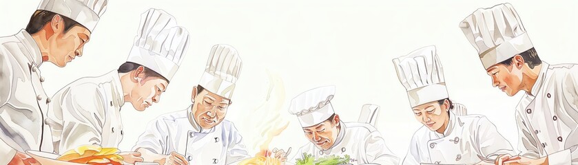 Group of chefs in white uniforms and hats.