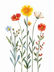 Fototapeta premium Collection of 2D and 3D Vector Flat Abstract Minimalistic Art of Flowers and Meadow Isolated on a White Background