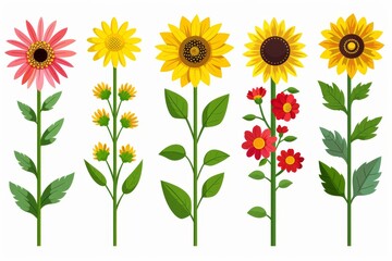 Fototapeta premium Collection of 2D and 3D Vector Flat Abstract Minimalistic Art of Flowers and Meadow Isolated on a White Background