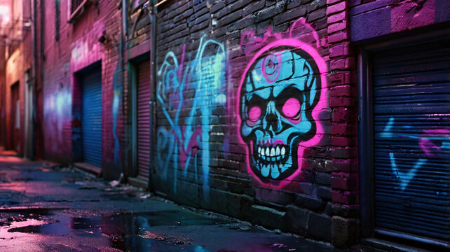 Fototapeta Cyberpunk city wall graffiti neon glow concept background wallpaper