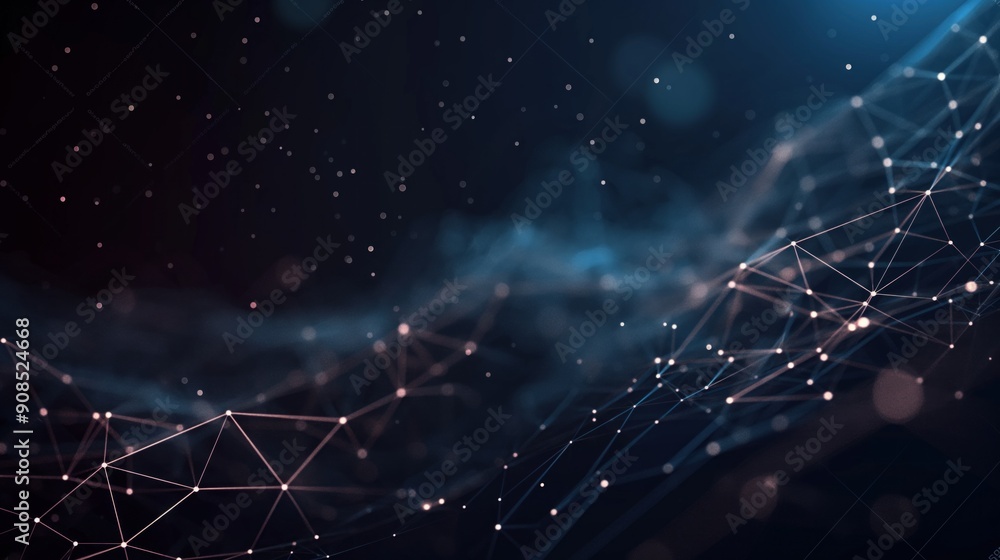 Poster abstract digital background featuring a complex network of interconnected dots and lines in a dark, 