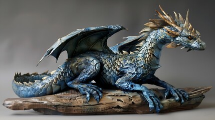 Obraz premium Majestic Blue Dragon Sculpture with Gold Accents on Wood Base