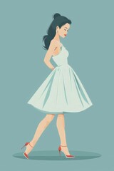 Naklejka premium Minimalism illustration, an Asian woman, wearing a 50s-style swing dress with a petticoat and peep-toe heels, standing with her arms resting by her sides, vintage retro fashion, flat illustration 