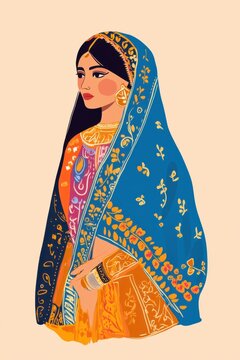 Minimalism illustration, an Armenian woman, wearing a colorful taraz in bright blue with gold embroidery, traditional fashion, flat illustration on soft peach background